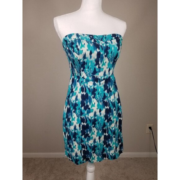 Free People Strapless Blue & Teal Abstract Print Mini Dress With Smocked Back - Picture 4 of 11